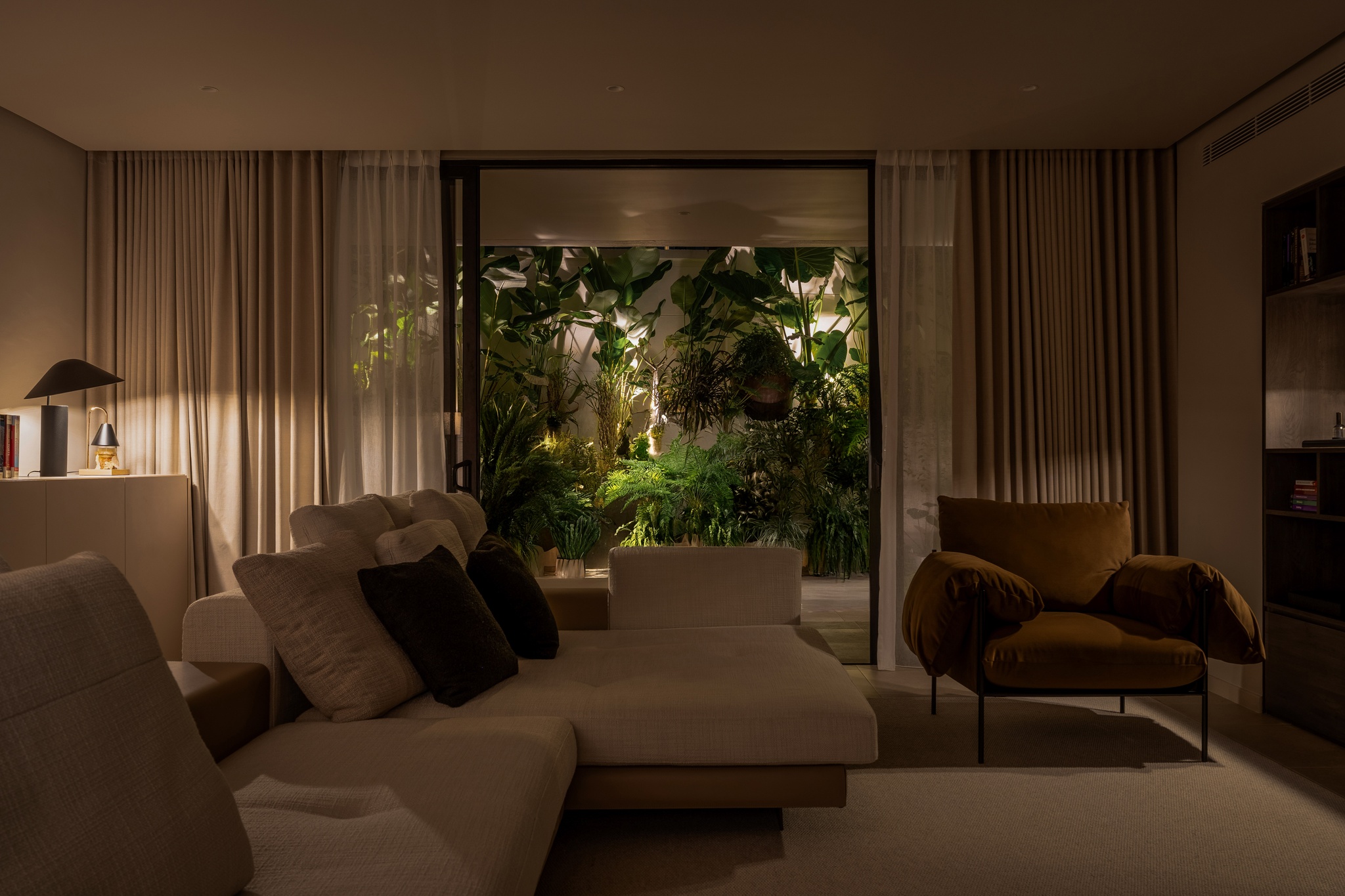Luxury interior design, modern minimal living room, Danau Villa, Malaysia, ambience lighting