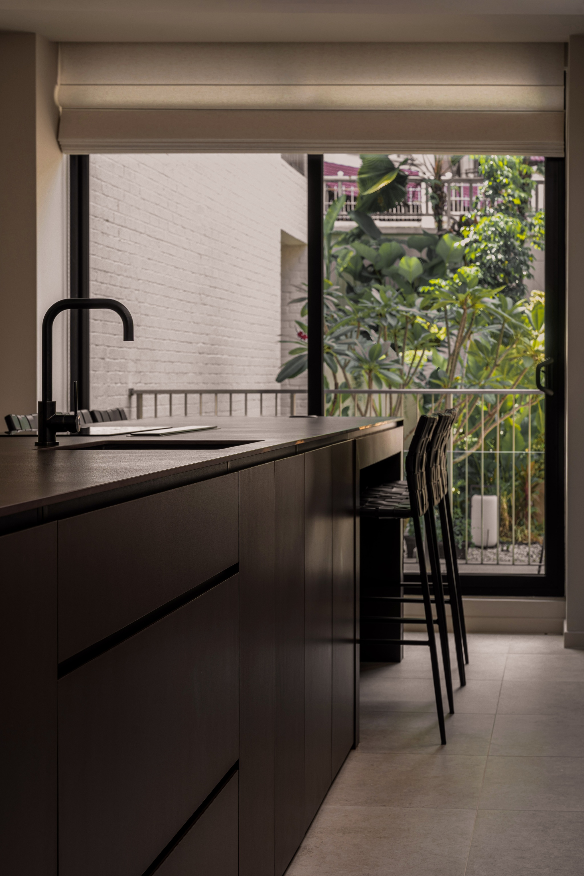 Luxury kitchen island, modern dining room interior design, tropical garden view, Danau Villa, Kuala Lumpur