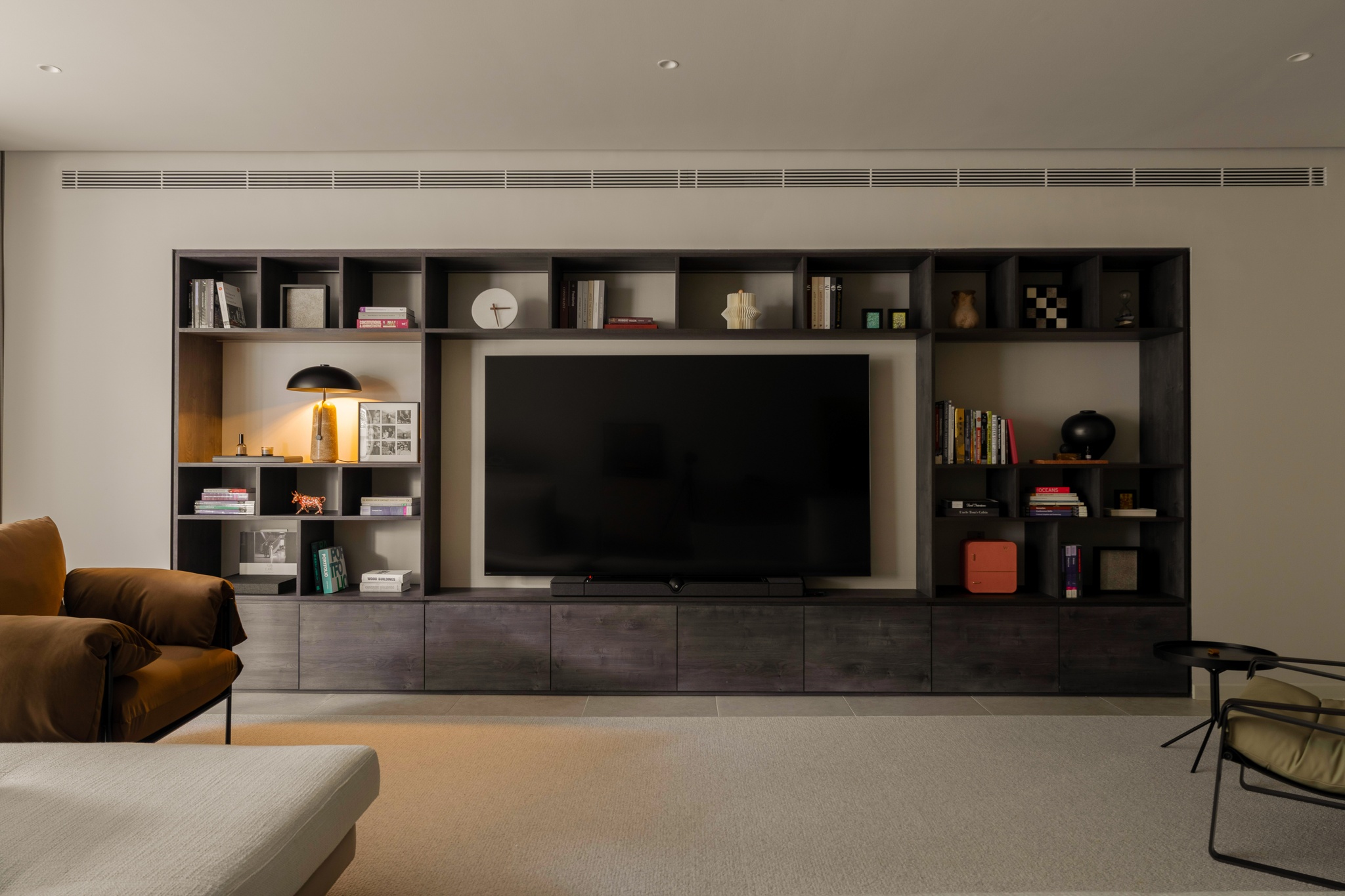 Modern luxury living room interior design, minimal design, luxury tv shelf, Danau Villa, Kuala Lumpur