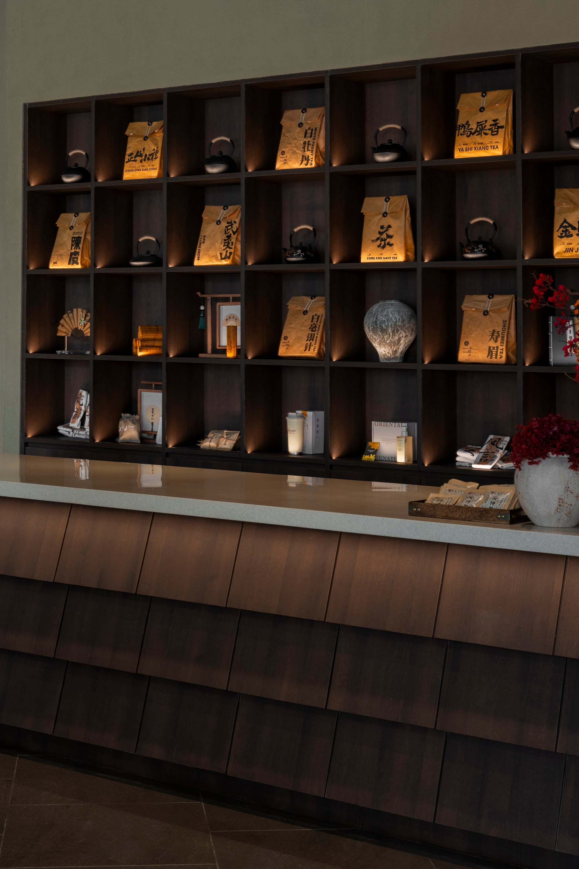 Spa reception counter and tea display shelf interior design, Oriental Spa, Kuala Lumpur