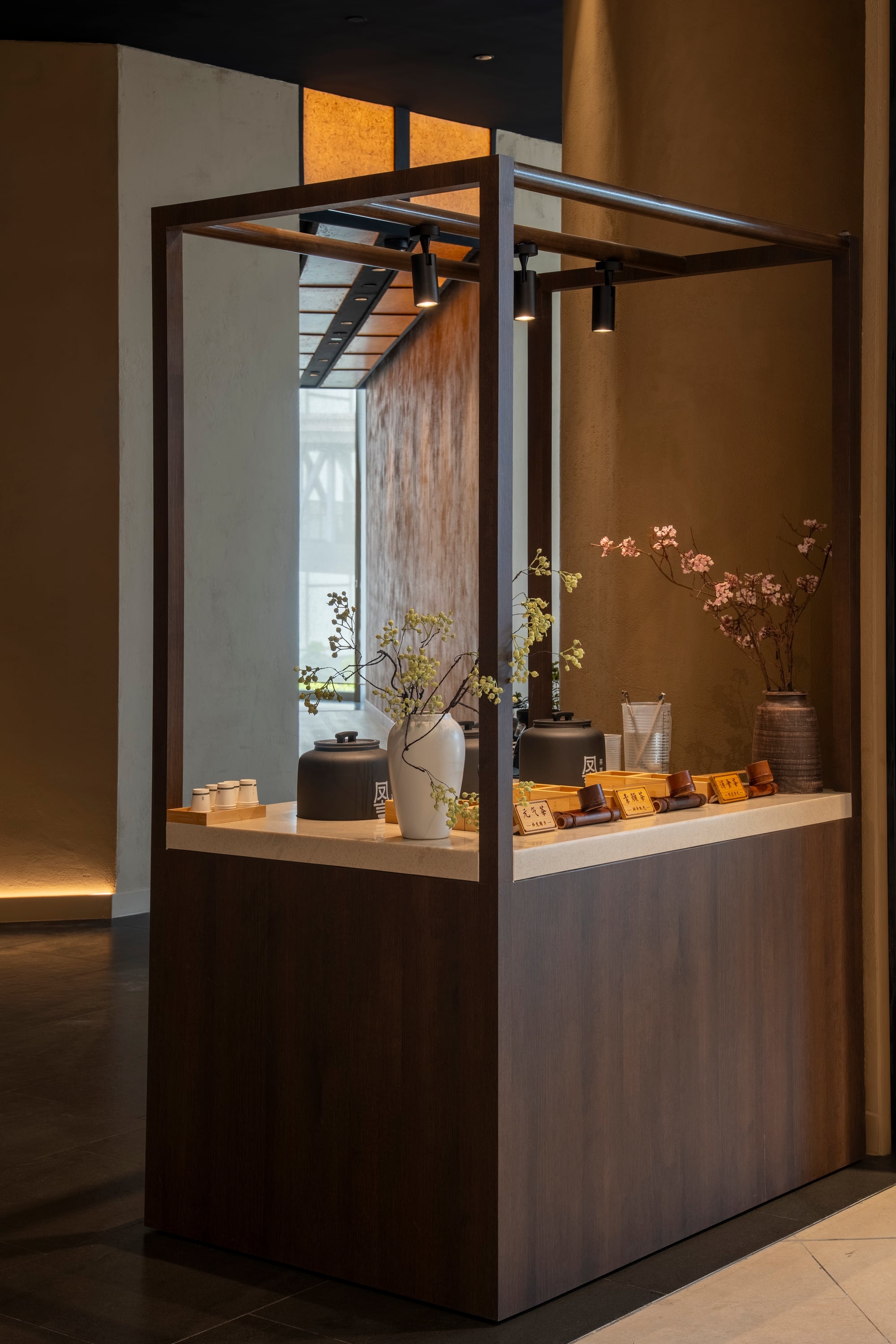 Timber frame tea display pavilion, spa interior design, Oriental Spa, Kuala Lumpur