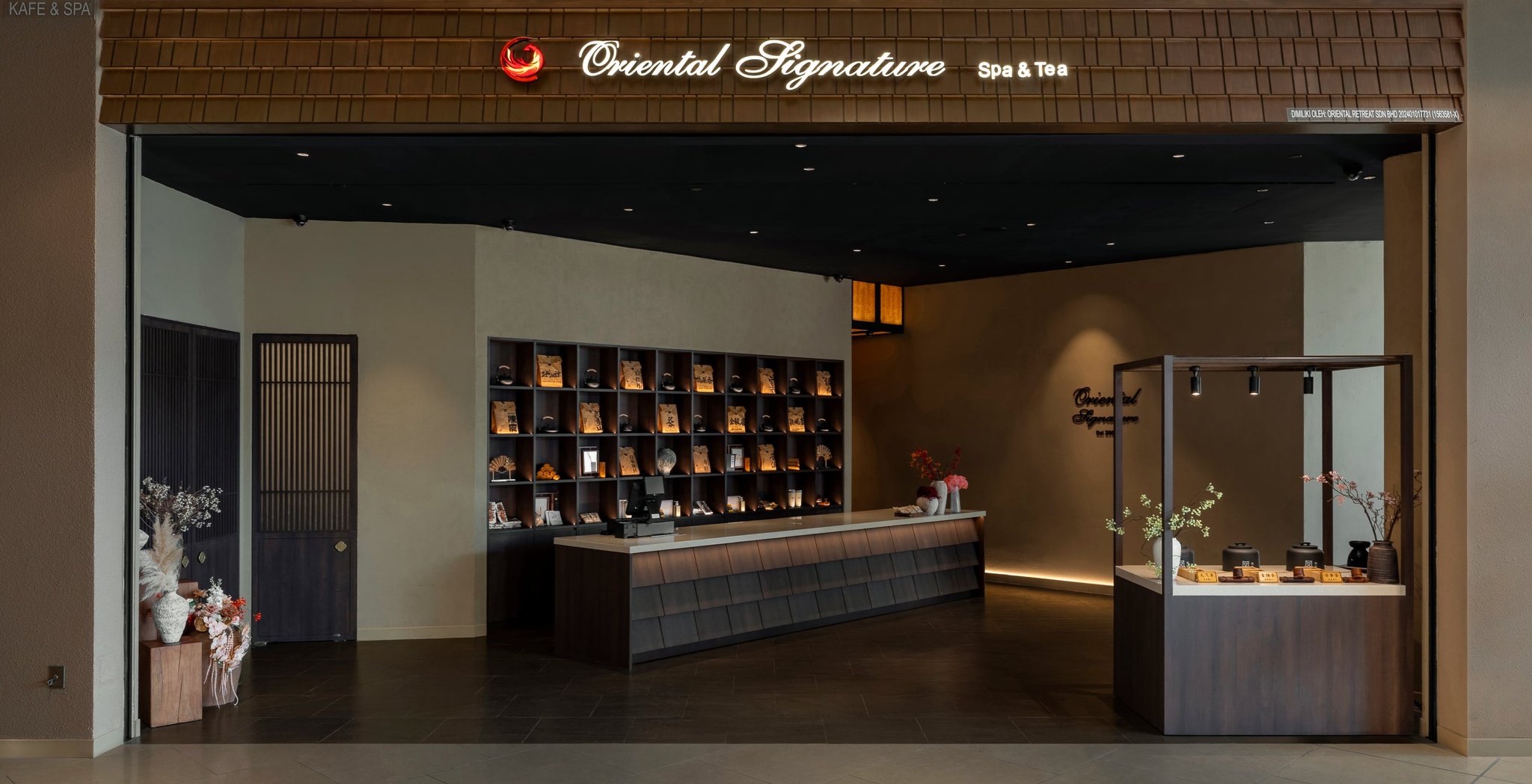 Spa and tea entrance and reception interior design, timber shingle signage, Oriental Spa, Kuala Lumpur
