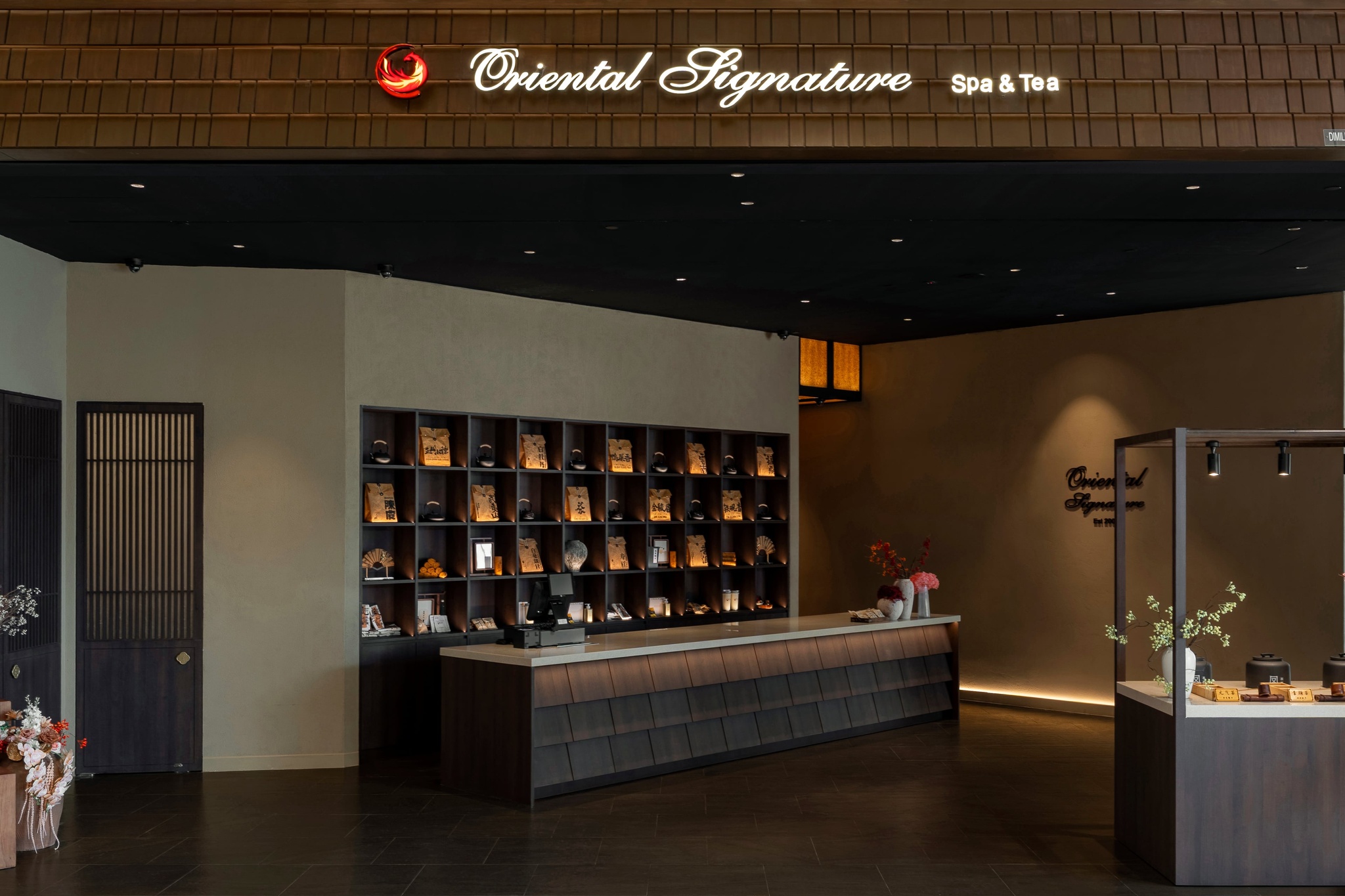 Spa and tea entrance and reception interior design, timber shingle signage, Oriental Spa, Kuala Lumpur