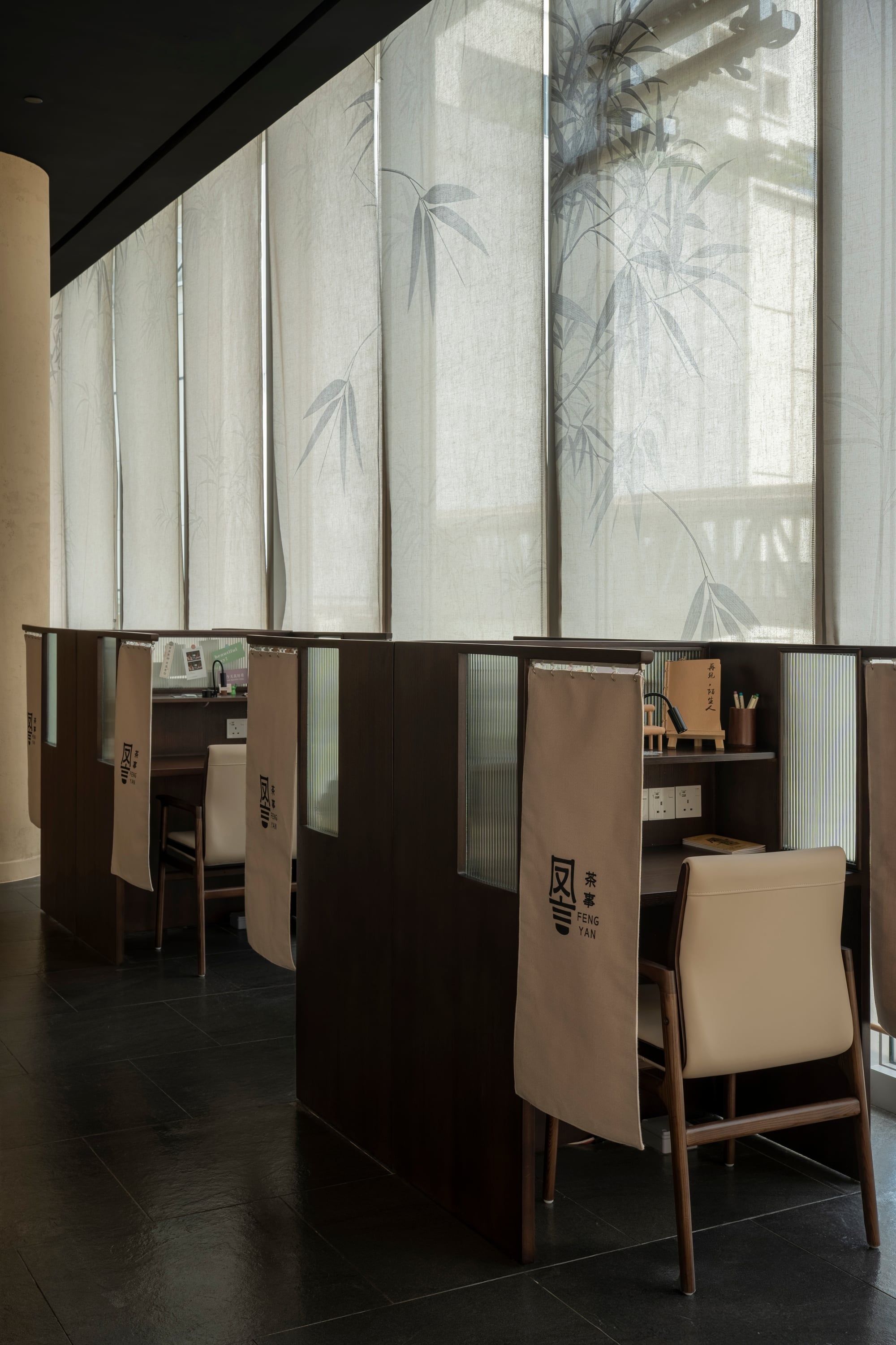 Tea lounge study booths with bamboo curtain, spa interior design, Oriental Spa, Kuala Lumpur