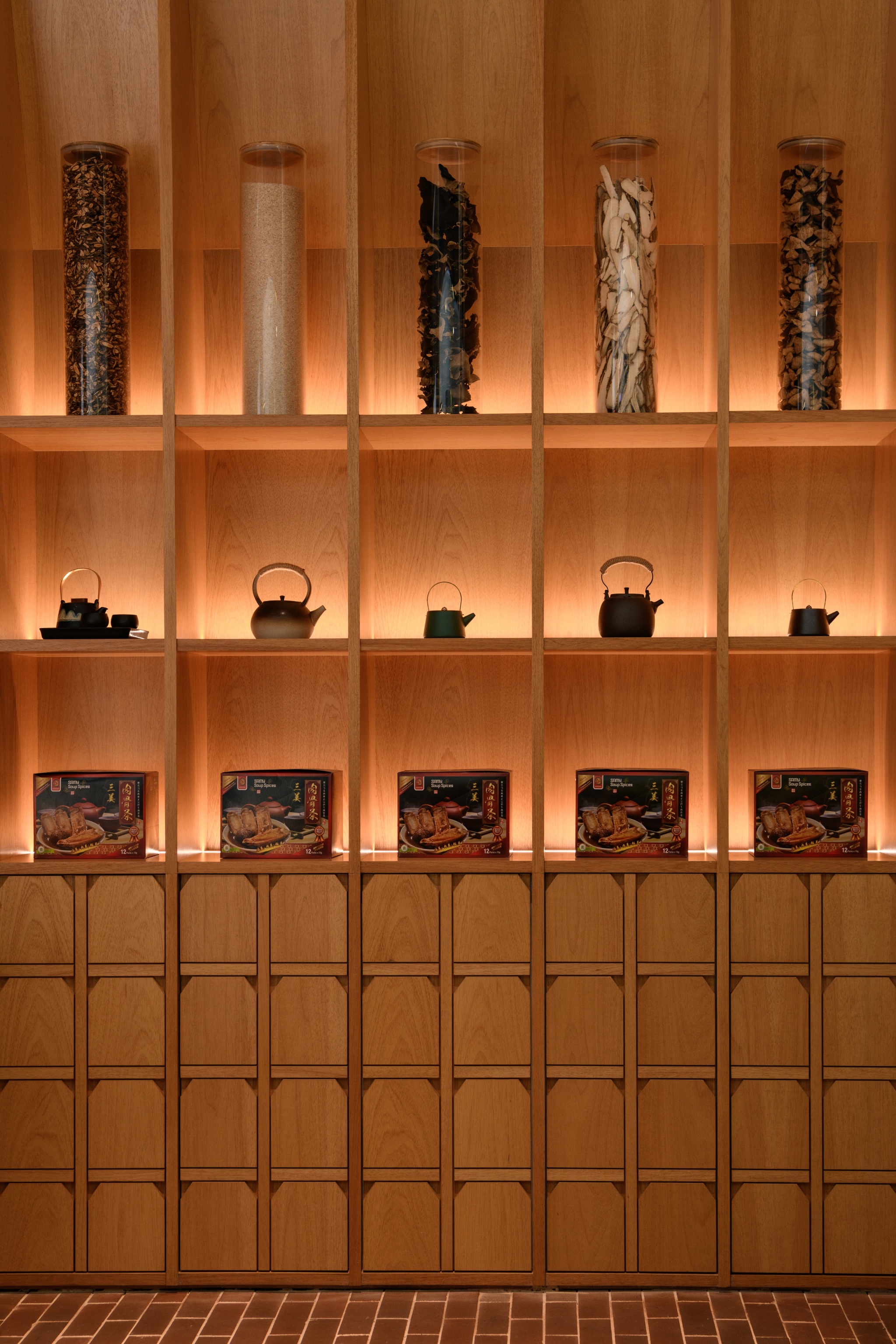 Bespoke display shelf, herb display, golden glow, Chinese restaurant interior design, Samy PDH, Kuala Lumpur