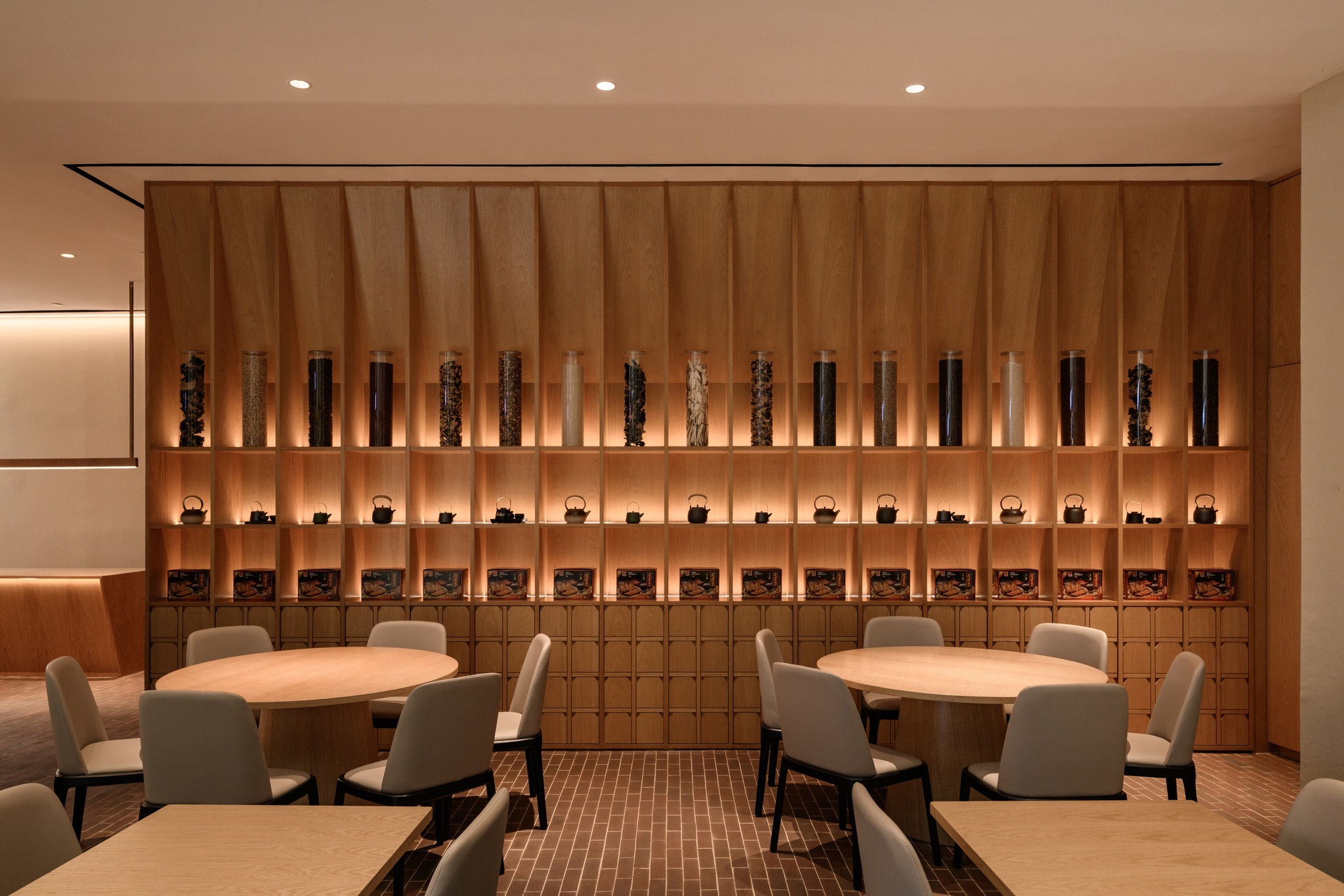 Modern minimal warm restaurant interior design, Chinese F&B, custom herb shelf, ambient lighting, Samy PDH, Kuala Lumpur